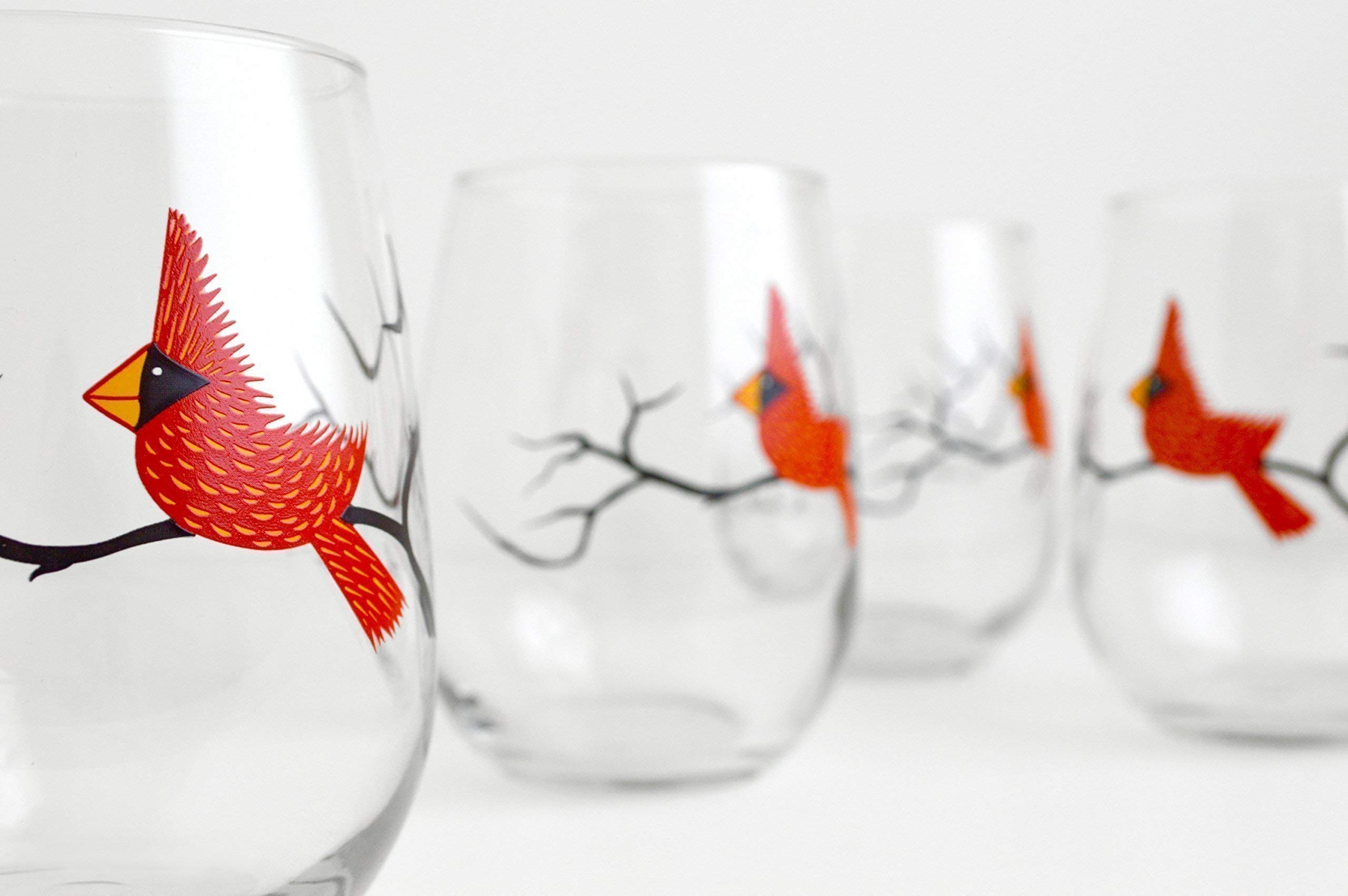 Bird Glassware Set of 4 Stemless Wine Glasses, Cardinal, Bluebird, Yellow Finch, Hummingbird Glass Collection