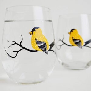 Bird Glassware Set of 4 Stemless Wine Glasses, Cardinal, Bluebird, Yellow Finch, Hummingbird Glass Collection