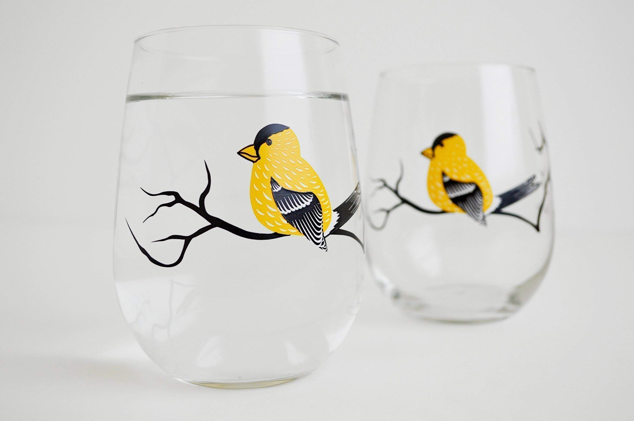 Bird Glassware Set of 4 Stemless Wine Glasses, Cardinal, Bluebird, Yellow Finch, Hummingbird Glass Collection