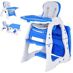 costzon baby high chair, 3 in 1 infant table and chair set, convertible booster seat with 3-position adjustable feeding tray, adjustable seat back, 5-point harness (blue)