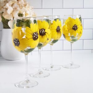 sunflower stemmed wine glasses - gift for women - sunflower kitchen decor - rustic country farmhouse - set of 4 - hand painted
