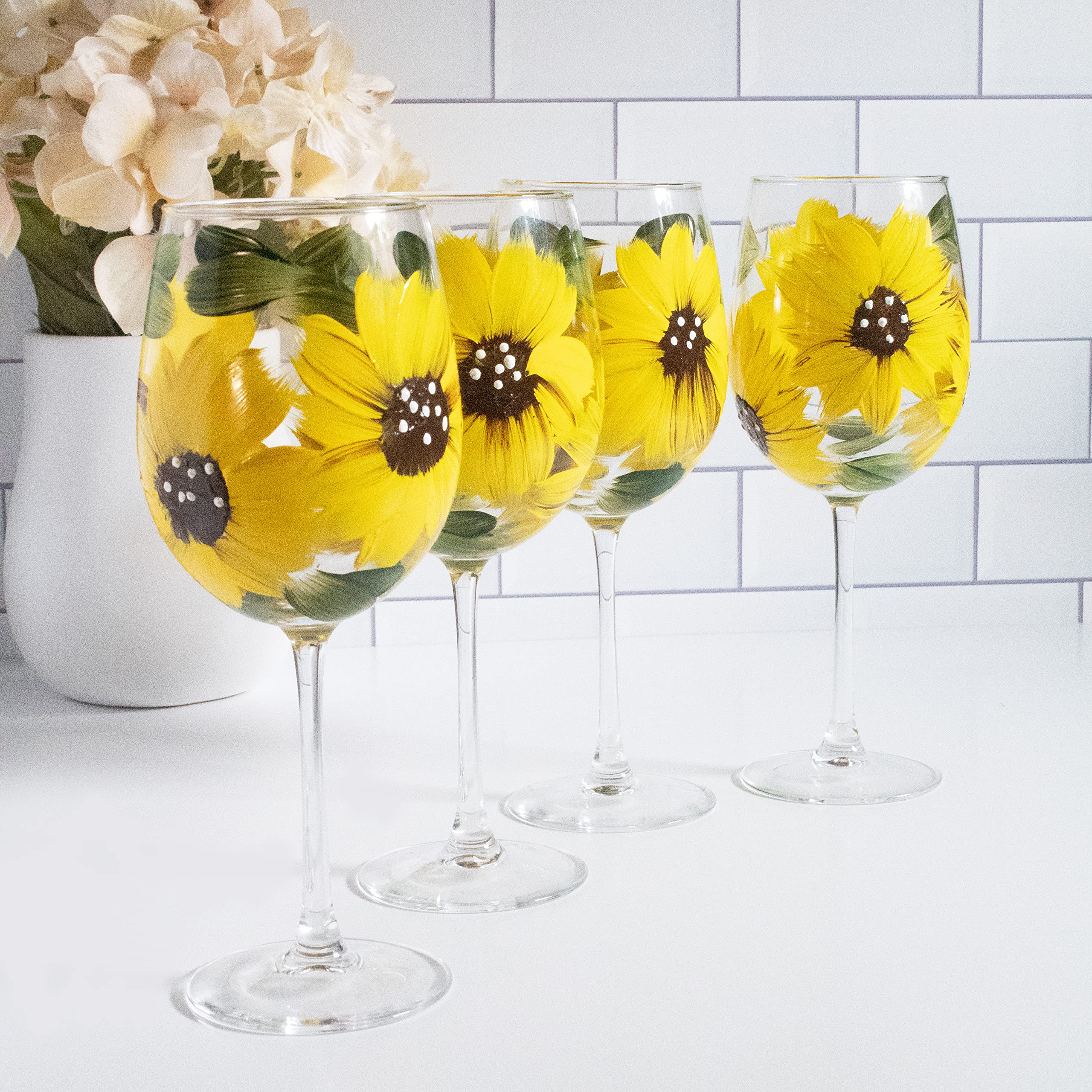 Sunflower Stemmed Wine Glasses - Gift for Women - Sunflower Kitchen Decor - Rustic Country Farmhouse - Set of 4 - Hand Painted