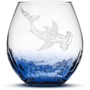 integrity bottles tribal hammerhead shark design stemless wine glass, handmade, handblown, hand etched gifts, sand carved, 18oz (crackle blue)