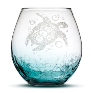 integrity bottles tribal sea turtle design stemless wine glass, handmade, handblown, hand etched gifts, sand carved, 18oz (crackle teal turtle)