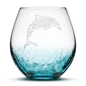 integrity bottles tribal dolphin design stemless wine glass, handmade, handblown, hand etched gifts, sand carved, 18oz (crackle teal)