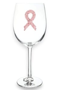 the queens' jewels pink ribbon jeweled stemmed wine glass, 21 oz. - unique gift for women, birthday, cute, fun, breast cancer, not painted, decorated, bling, bedazzled, rhinestone