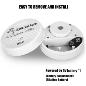 WER Water Leak Alarm Sensor, Battery Operated Leak Alert, 90dB Water Detector for Basements, Bathrooms, Laundry Rooms, Kitchens, Garages and All Office Areas (Shipped Without Battery, 4 Pack)