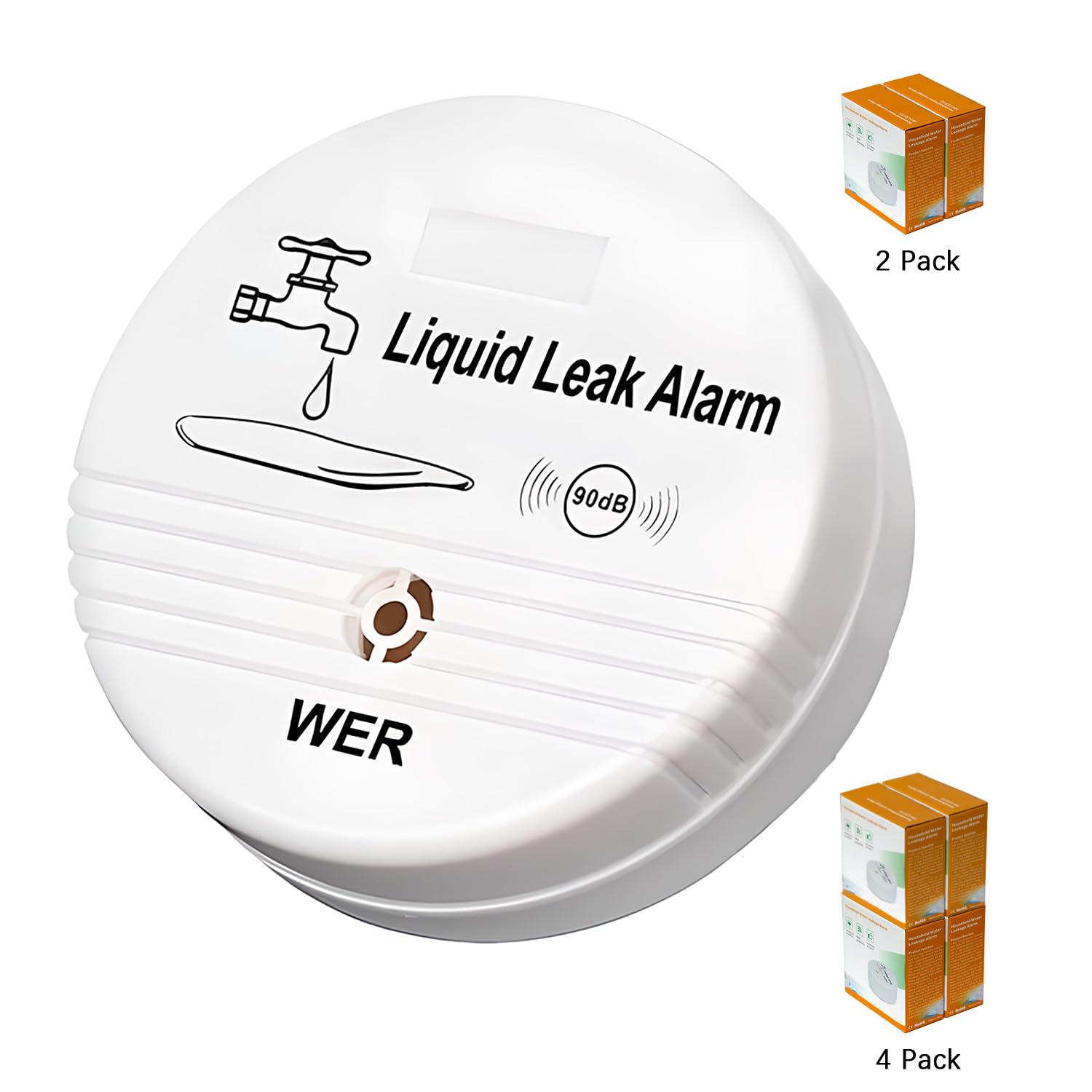WER Water Leak Alarm Sensor, Battery Operated Leak Alert, 90dB Water Detector for Basements, Bathrooms, Laundry Rooms, Kitchens, Garages and All Office Areas (Shipped Without Battery, 4 Pack)