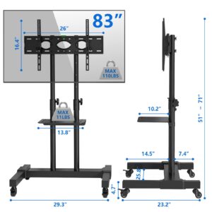 Rfiver Mobile TV Stand Rolling Cart with Tilt Mount/Locking Wheels for 40-83 Inch Flat Screen/Curved TVs up to 110lbs, Portable Floor Stand with Laptop Shelf, Height Adjustable, Extra Tall