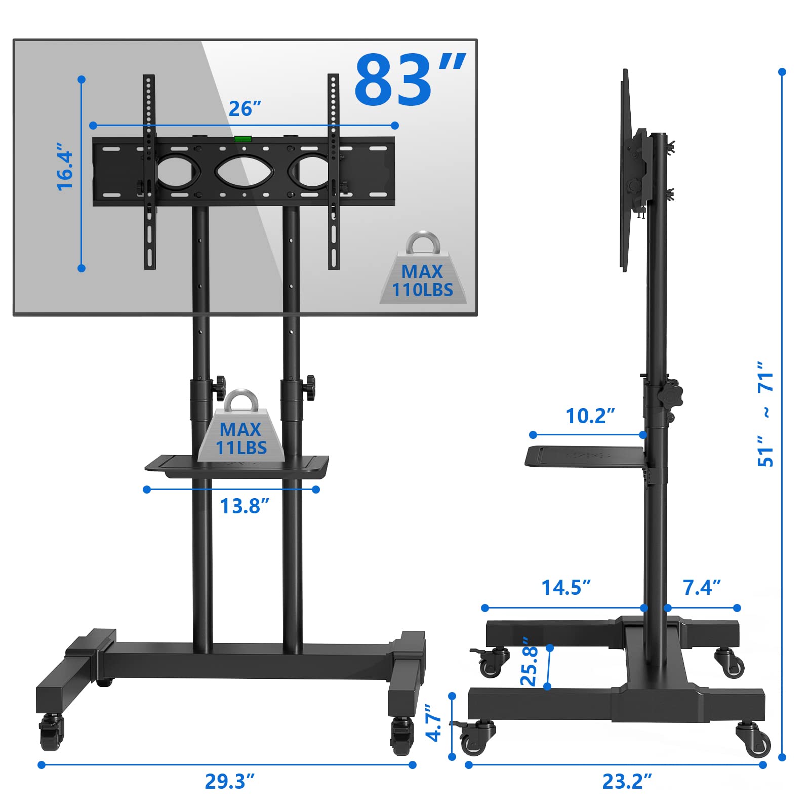 Rfiver Mobile TV Stand Rolling Cart with Tilt Mount/Locking Wheels for 40-83 Inch Flat Screen/Curved TVs up to 110lbs, Portable Floor Stand with Laptop Shelf, Height Adjustable, Extra Tall