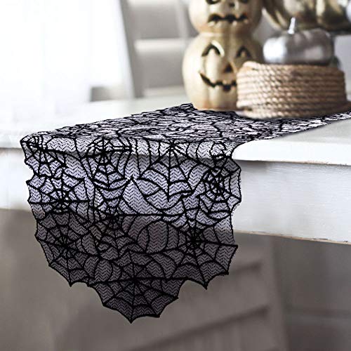 OurWarm 80 x 20 Inch Halloween Table Runner, Black Spider Web Tablecloth Polyester Lace Table Runner for Halloween Dinner Table Decorations