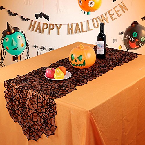 OurWarm 80 x 20 Inch Halloween Table Runner, Black Spider Web Tablecloth Polyester Lace Table Runner for Halloween Dinner Table Decorations