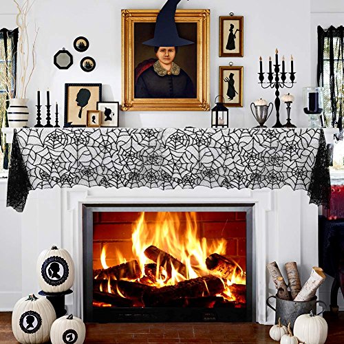 OurWarm 80 x 20 Inch Halloween Table Runner, Black Spider Web Tablecloth Polyester Lace Table Runner for Halloween Dinner Table Decorations