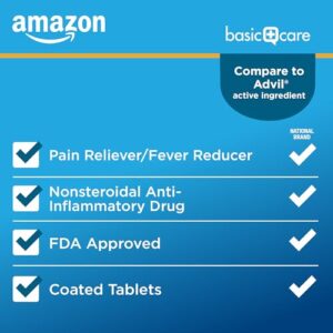 Amazon Basic Care Ibuprofen Tablets, Fever Reducer and Pain Relief from Body Aches, Headache, Arthritis and More, Brown, 200 Count