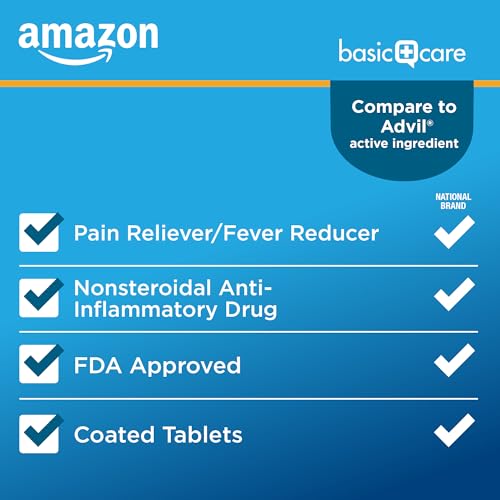 Amazon Basic Care Ibuprofen Tablets, Fever Reducer and Pain Relief from Body Aches, Headache, Arthritis and More, Brown, 200 Count