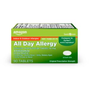 amazon basic care all day allergy, cetirizine hydrochloride tablets, 10 mg, antihistamine, 90 count