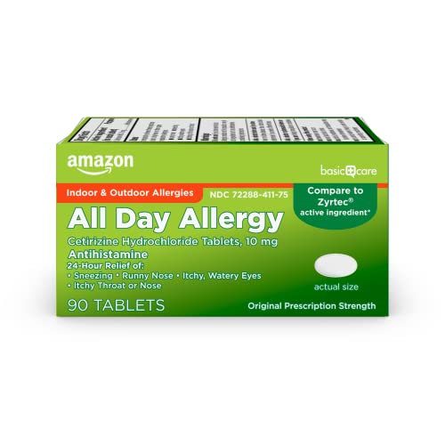 Amazon Basic Care All Day Allergy, Cetirizine Hydrochloride Tablets, 10 mg, Antihistamine, 90 Count