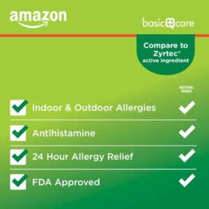 Amazon Basic Care All Day Allergy, Cetirizine Hydrochloride Tablets, 10 mg, Antihistamine, 90 Count