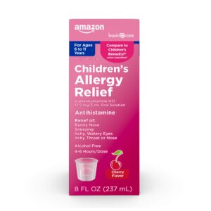 amazon basic care children's allergy relief liquid, kids allergy medicine with diphenhydramine hcl, antihistamine, cherry flavor, for children ages 6-11 years, 8 fl oz (pack of 1)