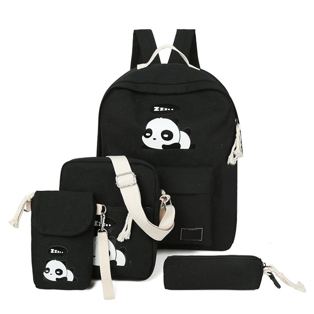 e-youth 4Pcs Cute Panda Backpack Lightweight Casual Canvas Backpacks for Women