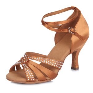 hipposeus women's rhinestone latin dance shoes shiny ballroom salsa bachata dancing shoes suede outsole,brown, 7 b(m) us