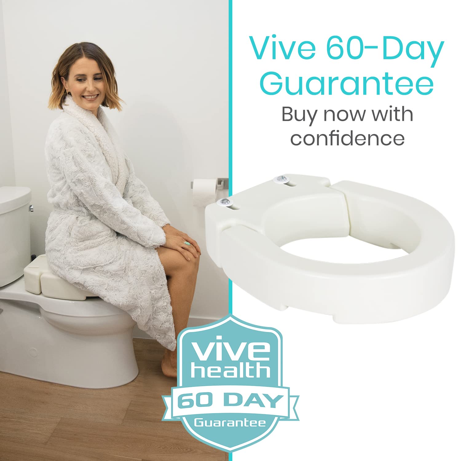 Vive Toilet Seat Riser - Raised Elevated Handle (Easy Clean) for Seniors, Elderly, Handicapped - Medical Handicap Bathroom Safety Recovery Height Chair Cushion Bowl Cover, Tall High Portable Extender