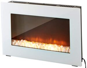cambridge callisto 30 inch wall mounted flat panel electric fireplace heater with remote control, realistic flames, and crystal rock display for living room, bedroom, home office, white