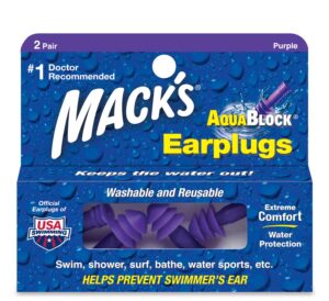 mack's aquablock earplugs, 2 pair, comfortable, waterproof, ear plugs for swimming, snorkeling and showering (pack of 2)