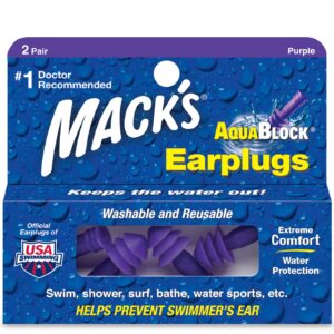 Mack's AquaBlock Earplugs, 2 Pair, Comfortable, Waterproof, Ear Plugs for Swimming, Snorkeling and Showering (Pack of 2)