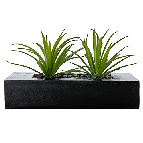 MyGift 10 Inch Artificial Green Grass Plants in Black Wood Decorative Planter Pot - Faux Greenery in Rectangular Wooden Container for Tabletop Centerpiece Décor