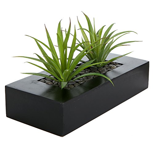 MyGift 10 Inch Artificial Green Grass Plants in Black Wood Decorative Planter Pot - Faux Greenery in Rectangular Wooden Container for Tabletop Centerpiece Décor