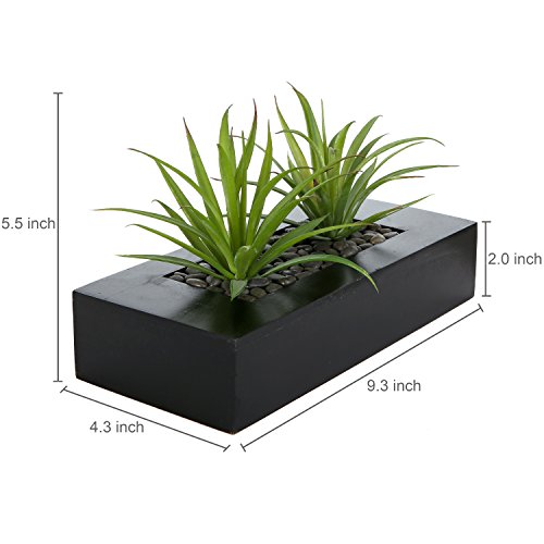 MyGift 10 Inch Artificial Green Grass Plants in Black Wood Decorative Planter Pot - Faux Greenery in Rectangular Wooden Container for Tabletop Centerpiece Décor