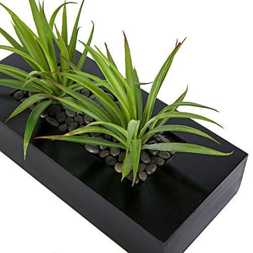 MyGift 10 Inch Artificial Green Grass Plants in Black Wood Decorative Planter Pot - Faux Greenery in Rectangular Wooden Container for Tabletop Centerpiece Décor