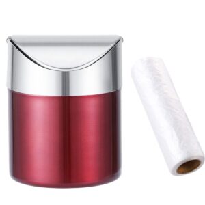 ZHOUWHJJ Countertop Brushed Stainless Steel Swing Lid Table Desk Car Mini Trash Can Trash Bin Set, Come with Trash Bag, 1.5 L / 0.40 Gal, Multiple Color Options, Red
