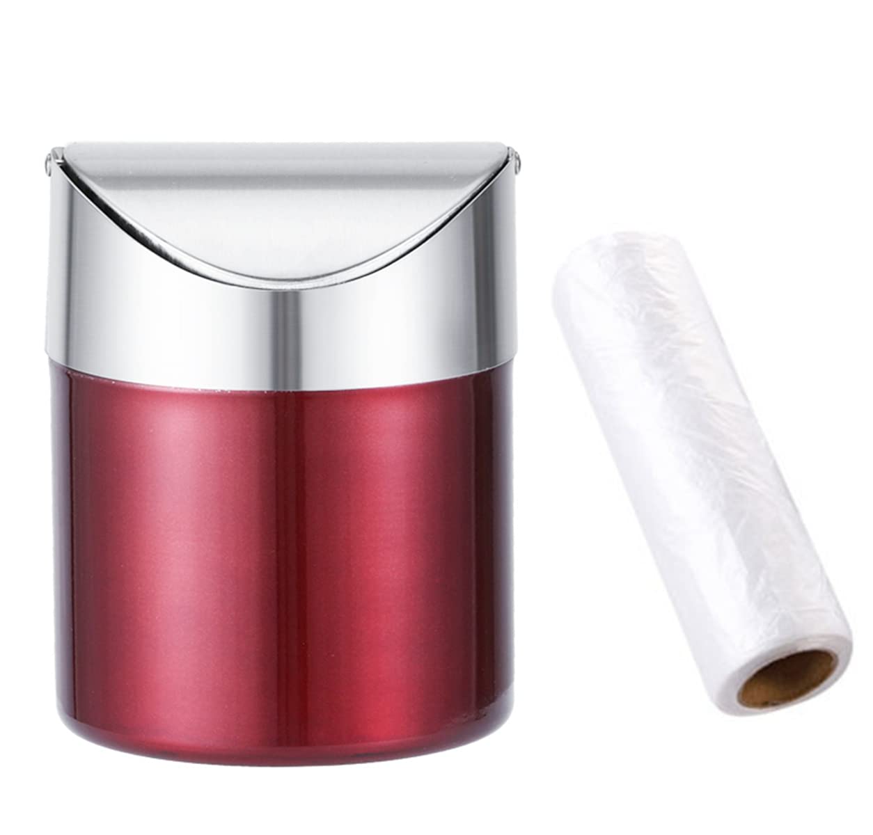 ZHOUWHJJ Countertop Brushed Stainless Steel Swing Lid Table Desk Car Mini Trash Can Trash Bin Set, Come with Trash Bag, 1.5 L / 0.40 Gal, Multiple Color Options, Red