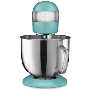 cuisinart stand mixer, 12 speed, 5.5 quart stainless steel bowl, chef’s whisk, mixing paddle, dough hook, splash guard w/ pour spout, periwinkle blue, sm-50bl