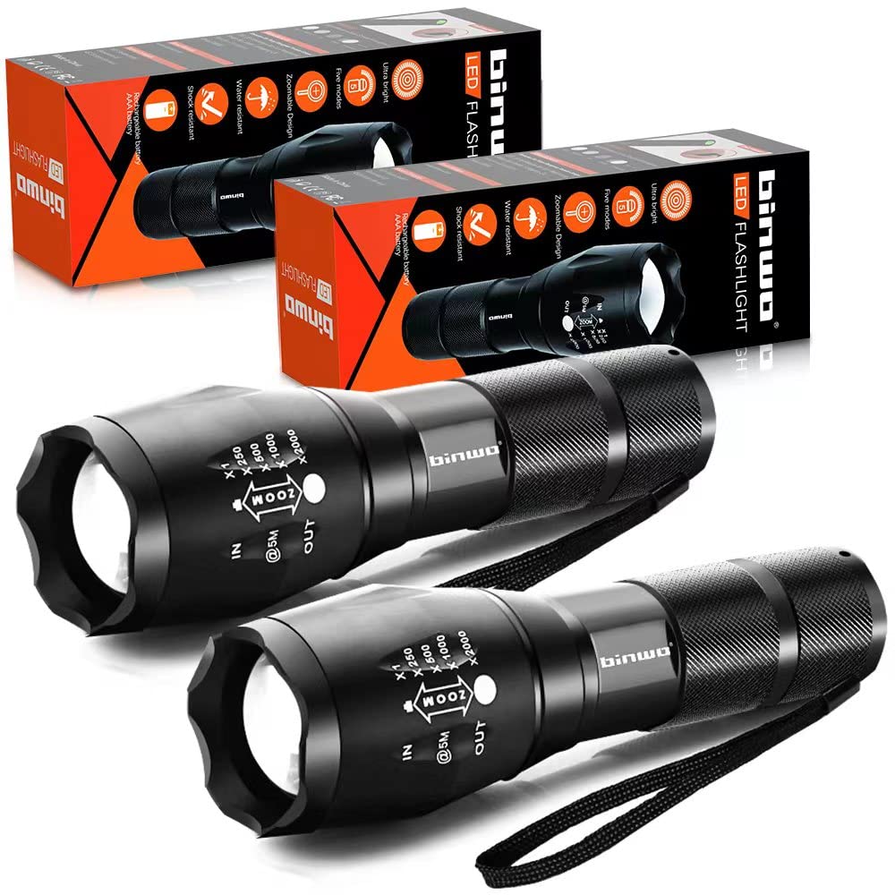 BINWO Flashlight 2pack 3000 Lumens, Tactical Flashlights Small Flashlight Powerful Waterproof Flashlights Pocket Flashlight Zoomable LED Flashlight with 5 Modes, Camping Accessories, Hiking Gear