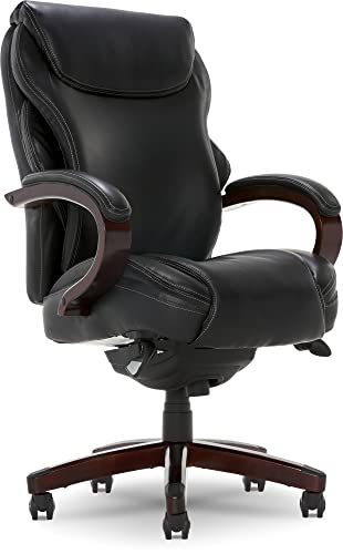 La-Z-Boy Hyland Executive Office Chair with AIR Technology, Adjustable High Back Ergonomic Lumbar Support, Bonded Leather, Mahogany Wood Finish/Black