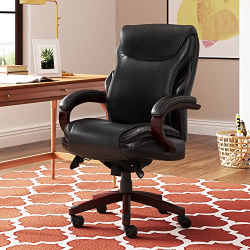 La-Z-Boy Hyland Executive Office Chair with AIR Technology, Adjustable High Back Ergonomic Lumbar Support, Bonded Leather, Mahogany Wood Finish/Black