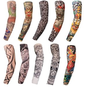 tattoo arm sleeves, 10 pack cool body arts fake temporary tattoo for men and women, tattoo sleeves uv sun block protection for ourdoot activities and parties, random picture multi-color