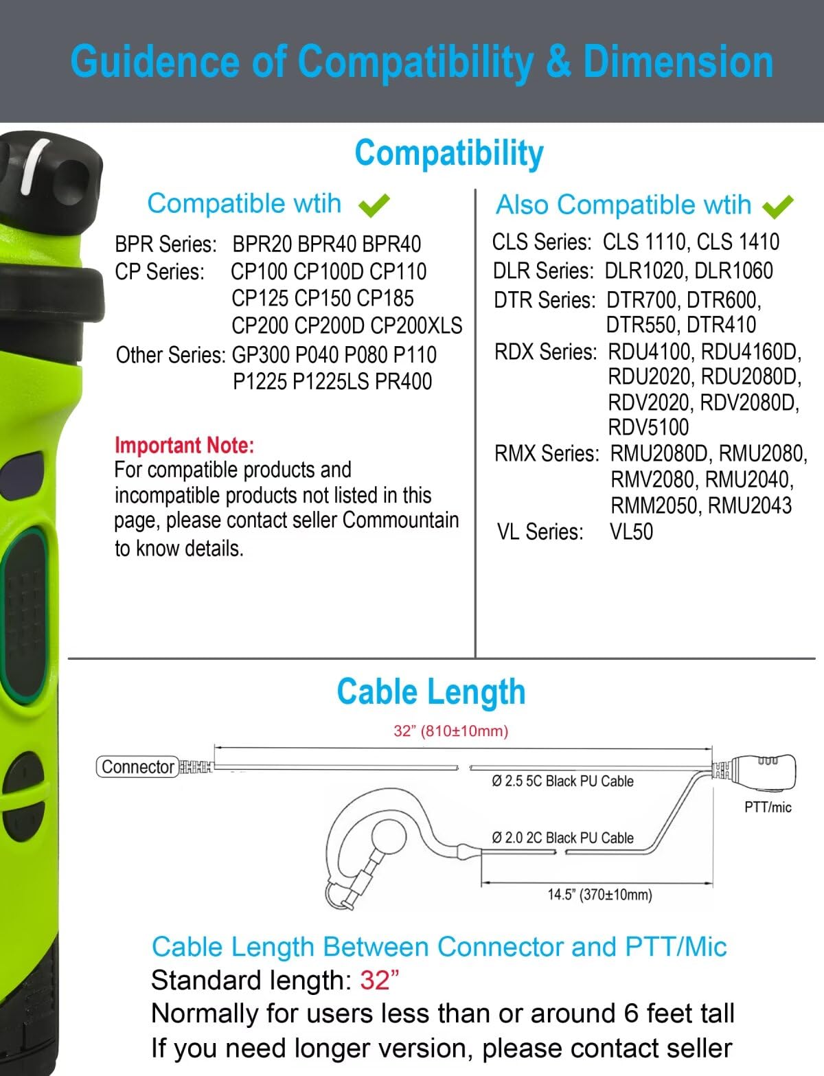 commountain CP200D CLS1410 Earpiece Compatible for Motorola Radios R2 CLS1110 CP100D CP200 CP185 BPR40 BPR40D DTR700 DTR650 RDU4100 RDU4160D RMU2040 RMU2080D CLS CP, G Earhook Headset Ear Piece-5 Pack