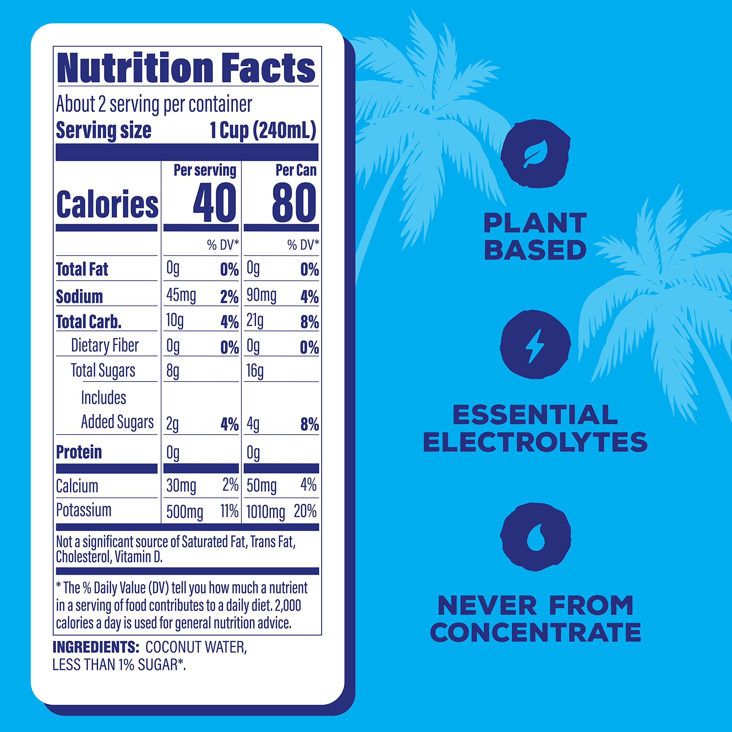 C2O The Original Coconut Water w/Nutrients & Electrolytes, Rejuvenating Plant-Based Hydration, the Original, 16.3oz cans (8-Pack)