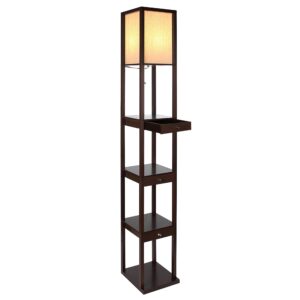 brightech maxwell drawer edition - modern shelf floor lamp with drawer - corner display floor lamps with shelves for living room, bedroom and office - havana brown