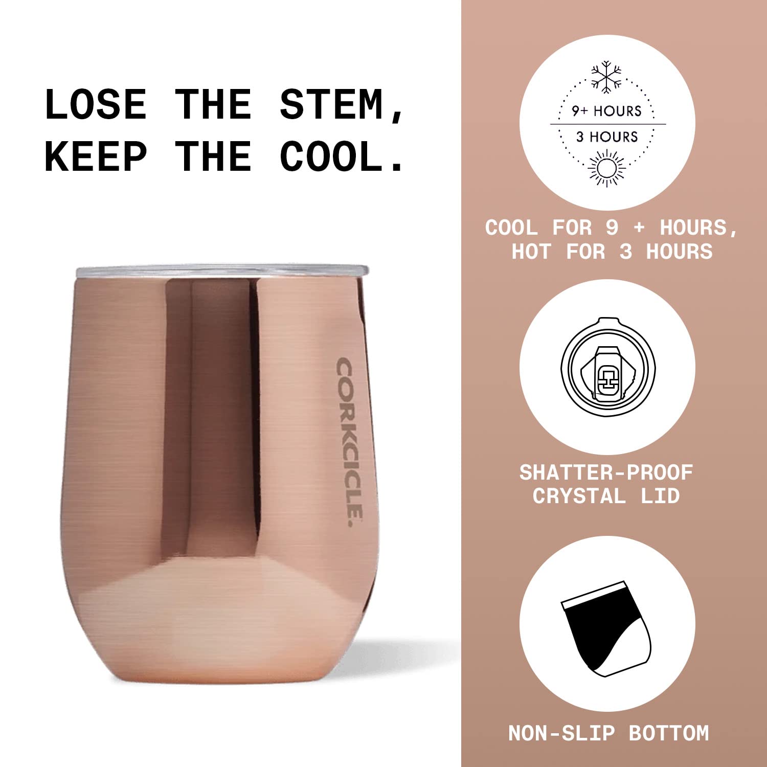 Corkcicle Origins Stemless Cup - Triple Insulated Stainless Steel Travel Wine Cup Tumbler for Coffee, Wine, and Cocktails - Spill Proof, Reusable, BPA-Free, Dishwasher Safe - 12oz/355ml, Copper