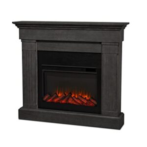 real flame crawford slim indoor electric fireplace, grey, free-standing with real wood mantel finish - 6 flame colors, adjustable thermostat, 120v, 1400w, 5100 btus