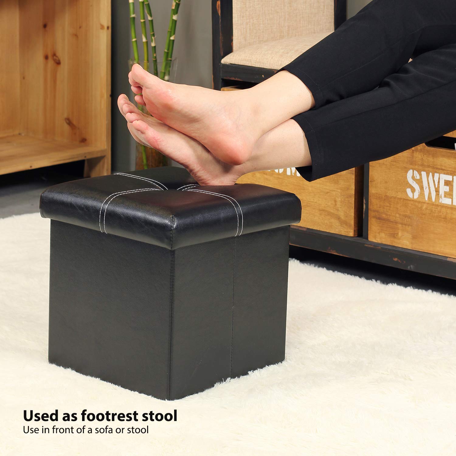 B FSOBEIIALEO Storage Ottoman with Faux Leather Foldable Small Square Foot Rest Stools Coffee Table Black 11.8"X 11.8" X 11.8"