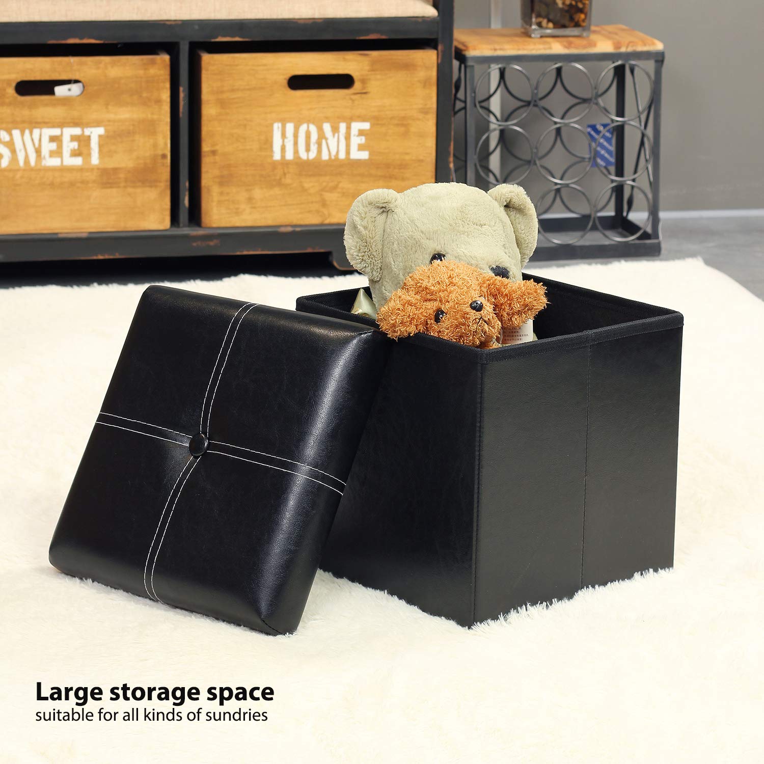 B FSOBEIIALEO Storage Ottoman with Faux Leather Foldable Small Square Foot Rest Stools Coffee Table Black 11.8"X 11.8" X 11.8"