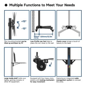 BONTEC Tilt Rolling TV Stand, Mobile TV Stand with Locking Wheels for 23-60 Inch LED, LCD, OLED Flat&Curved TVs, Height Adjustable TV Cart with Laptop Shelf, Holds Up to 88lbs Max VESA 400x400mm