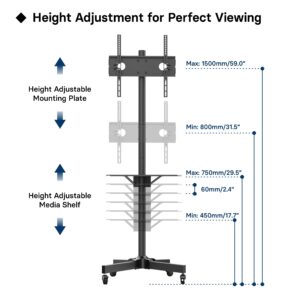 BONTEC Tilt Rolling TV Stand, Mobile TV Stand with Locking Wheels for 23-60 Inch LED, LCD, OLED Flat&Curved TVs, Height Adjustable TV Cart with Laptop Shelf, Holds Up to 88lbs Max VESA 400x400mm