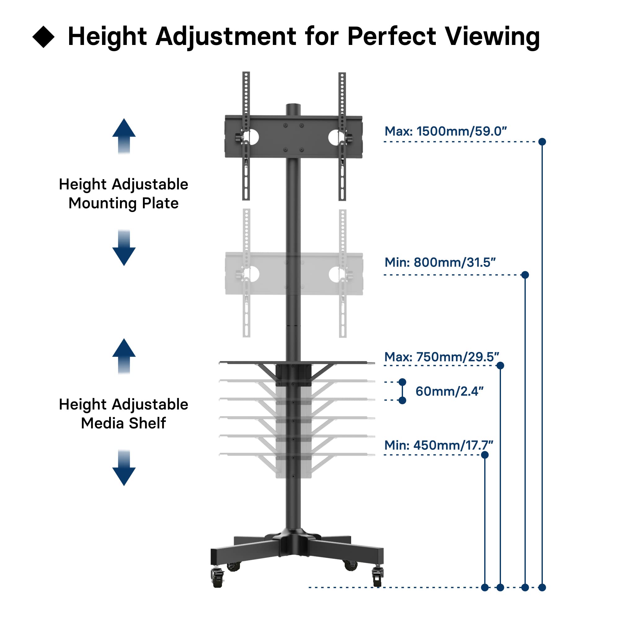 BONTEC Tilt Rolling TV Stand, Mobile TV Stand with Locking Wheels for 23-60 Inch LED, LCD, OLED Flat&Curved TVs, Height Adjustable TV Cart with Laptop Shelf, Holds Up to 88lbs Max VESA 400x400mm